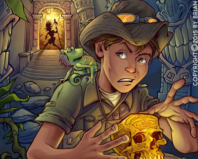 Young adventurer in a dark temple with golden skull and tiki totems.