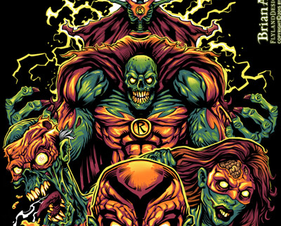Laser-engraved skateboard design of a team of zombie superheroes